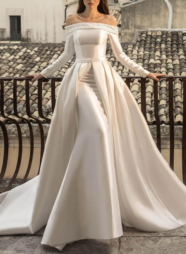 Off-The-Shoulder Long Sleeves Pearl Detachable Wedding Dress-Ballbella