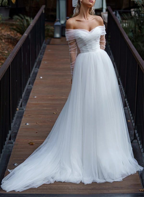 Off-The-Shoulder Long Sleeves Sweep Train Tulle Wedding Dresses-Ballbella