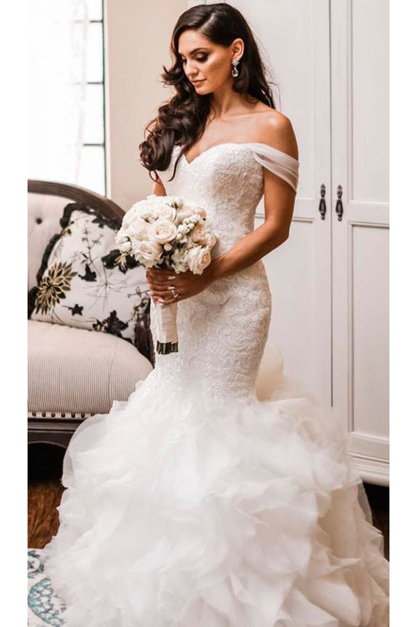 Off The Shoulder Puffy Ruffless Wedding Dresses Sheath Tulle Modern Lace Bridal Gowns-Ballbella
