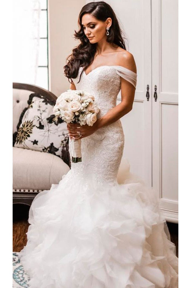 Off The Shoulder Puffy Ruffless Wedding Dresses Sheath Tulle Modern Lace Bridal Gowns-Ballbella