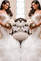 Off The Shoulder Puffy Ruffless Wedding Dresses Sheath Tulle Modern Lace Bridal Gowns-Ballbella