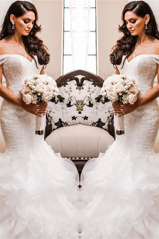 Off The Shoulder Puffy Ruffless Wedding Dresses Sheath Tulle Modern Lace Bridal Gowns-Ballbella