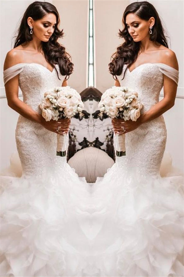 Off The Shoulder Puffy Ruffless Wedding Dresses Sheath Tulle Modern Lace Bridal Gowns-Ballbella