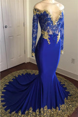 Off-the-Shoulder Royal Blue Prom Dresses Gold Lace Appliques Chic Evening Dress with Sleeve-Ballbella