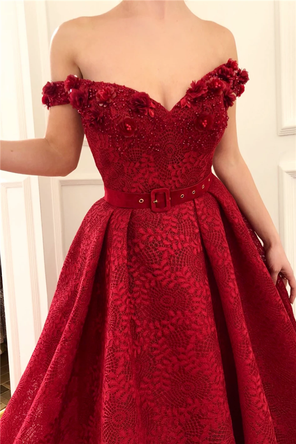 Customizing this New Arrival Off-the-Shoulder Ruby Lace Evening Dresses Chic Beading Appliques Flowers Prom Dresses on Ballbella. We offer extra coupons,  make Prom Dresses, Evening Dresses in cheap and affordable price. We provide worldwide shipping and will make the dress perfect for everyone.