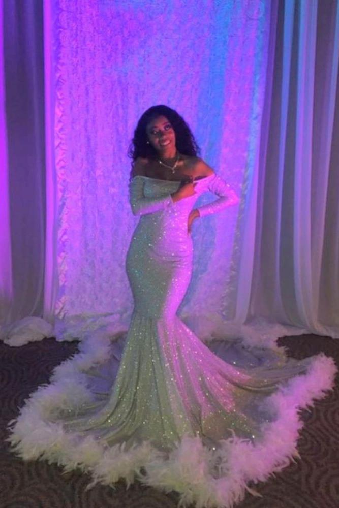 Off-the-shoulder Sequins Fur Trim Court Train Mermaid Prom Gowns-Ballbella
