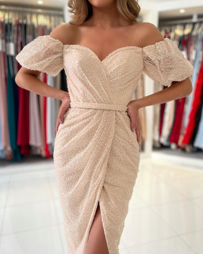 Off-The-Shoulder Sequins Short Prom Dress with Slit Party Gowns Off-The-Shoulder Sequins Short Prom Dress with Slit Party Gowns