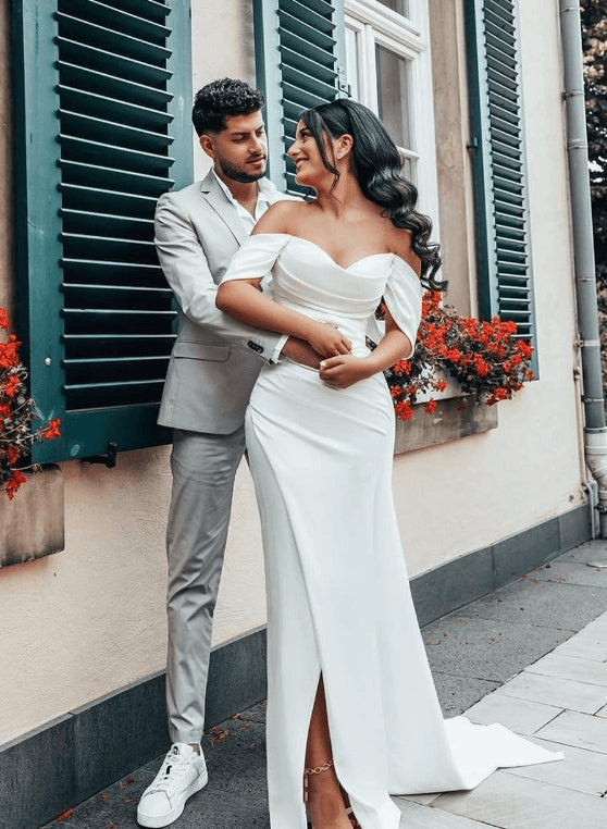 Off-The-Shoulder Sheath Fitted Slit Wedding Dresses Satin-Ballbella