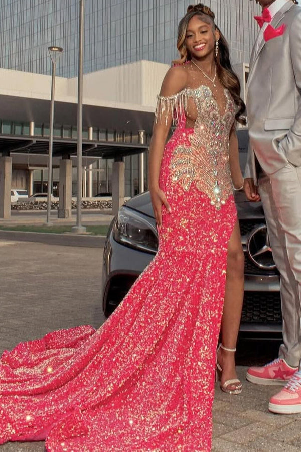 Off the shoulder Silver Beaded Pink Mermaid Court Train Prom Dresses Off the shoulder Silver Beaded Pink Mermaid Court Train Prom Dresses