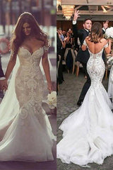 Off the Shoulder Sleeveless Mermaid Tulle Chapel Train Wedding Dresses-Ballbella