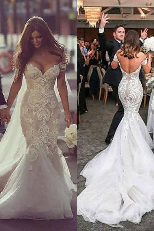 Off the Shoulder Sleeveless Mermaid Tulle Chapel Train Wedding Dresses-Ballbella
