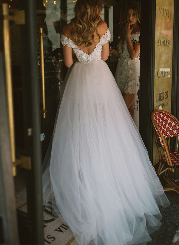 Off-The-Shoulder Sleeveless Wedding Dress Detachable Sheath Fitted-Ballbella