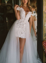 Off-The-Shoulder Sleeveless Wedding Dress Detachable Sheath Fitted-Ballbella