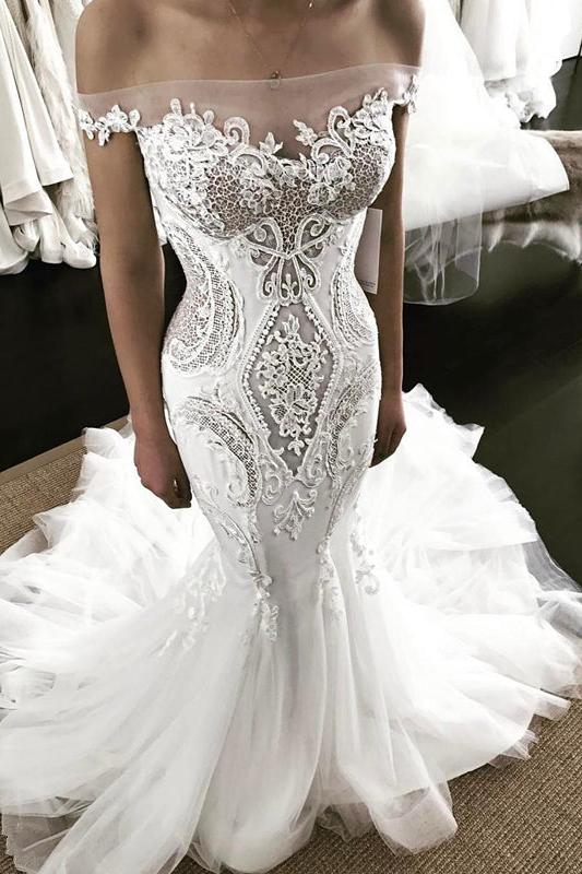 Off the shoulder Strapless Mermaid Lace Wedding Dress-Ballbella