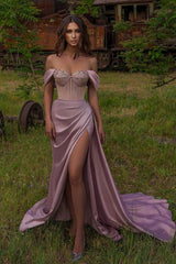 Off-the-Shoulder Sweetheart Long Prom Dress Split With Beadings-Ballbella
