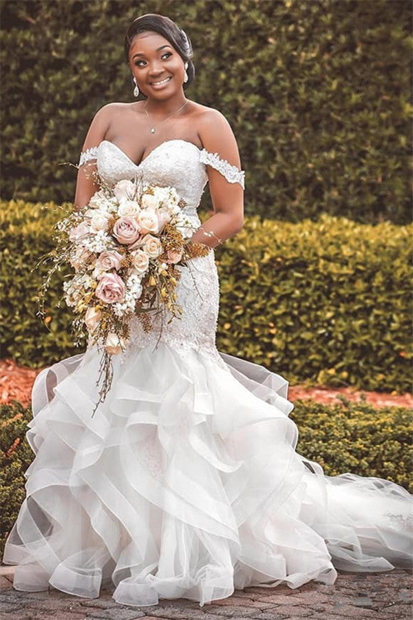 Off the shoulder Sweetheart Mermaid Ruffless Wedding Dresses-Ballbella