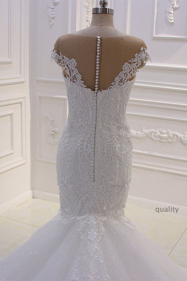 Off the Shoulder Sweetheart White Lace Appliques Tulle Mermaid Wedding Dress-Ballbella