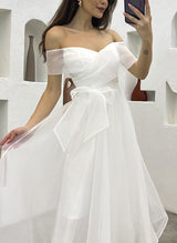 Off-The-Shoulder Tea-Length Tulle Wedding Dresses Bows-Ballbella
