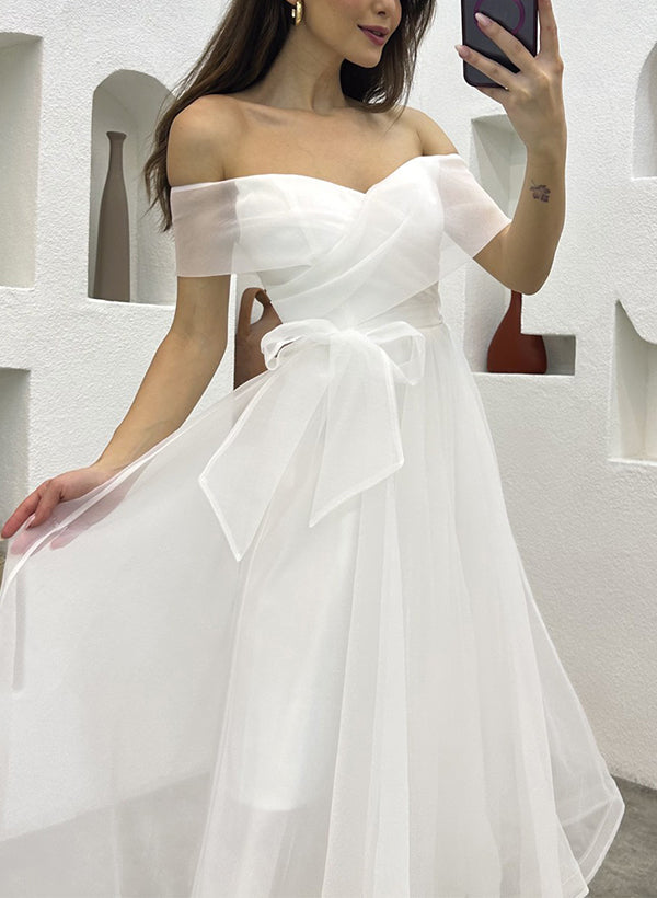 Off-The-Shoulder Tea-Length Tulle Wedding Dresses Bows-Ballbella