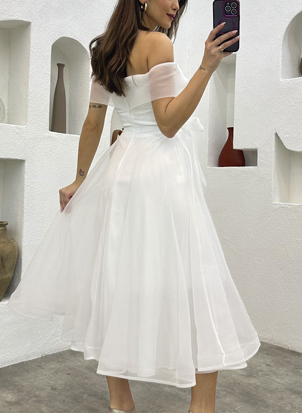 Off-The-Shoulder Tea-Length Tulle Wedding Dresses Bows-Ballbella