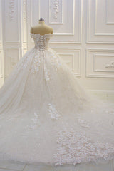 Off the shoulder Tulle Lace Appliques Sequined Wedding Dress-Ballbella