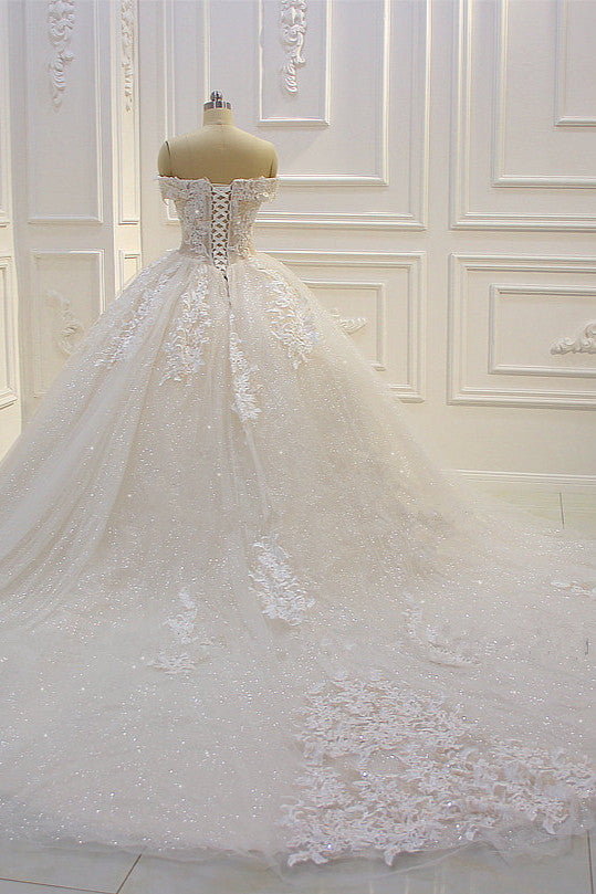 Off the shoulder Tulle Lace Appliques Sequined Wedding Dress-Ballbella