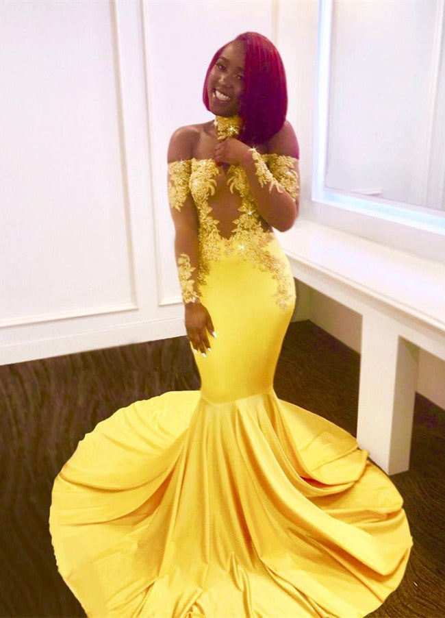 Ballbella custom made goegeous Long Sleeves yellow lace mermaid prom dress,  long evening gowns. You will be surprised by the delicate design and service. Extra free coupons,  come and get today.