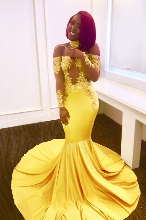 Ballbella custom made goegeous Long Sleeves yellow lace mermaid prom dress,  long evening gowns. You will be surprised by the delicate design and service. Extra free coupons,  come and get today.