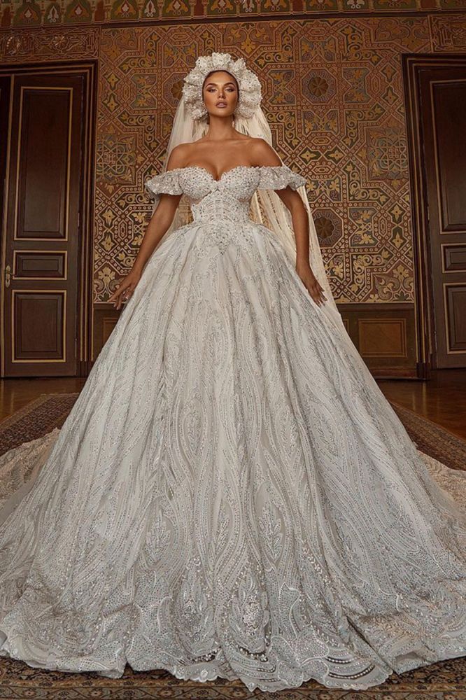Off the ShoulderAline Ball Gown Wedding Dress Floral Lace-Ballbella