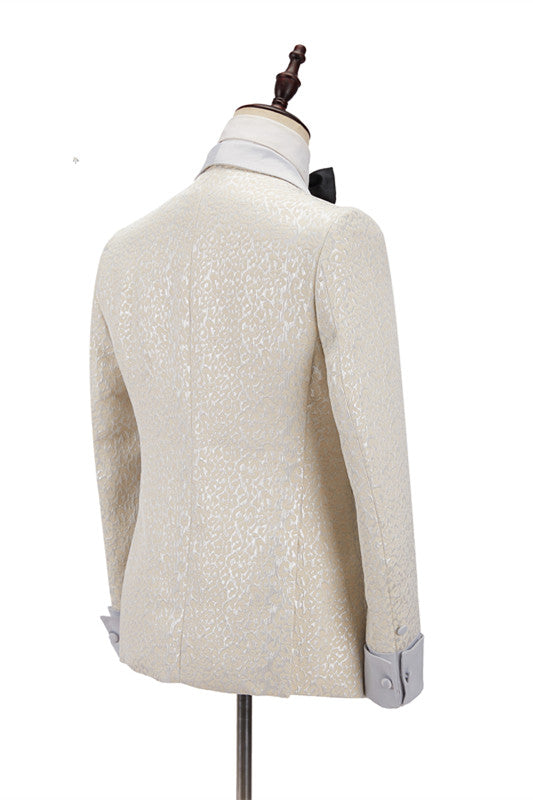Off White Shawl Lapel Slim Fit Jacquard Bespoke Wedding Suits-Ballbella