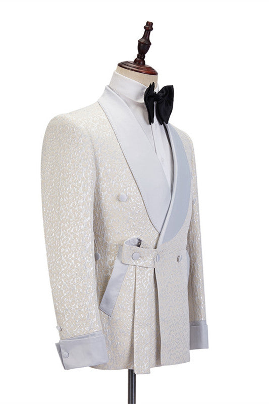 Off White Shawl Lapel Slim Fit Jacquard Bespoke Wedding Suits-Ballbella
