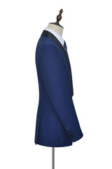 One Button Black Silk Shawl Lapel Wedding Suits for Men Classic Blue Mens Prom Suits-Ballbella