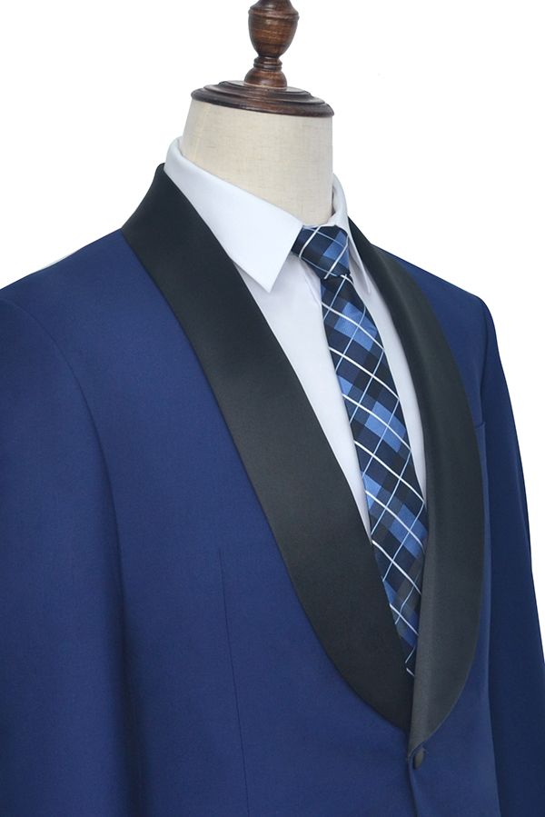 One Button Black Silk Shawl Lapel Wedding Suits for Men Custom design Blue Mens Marriage Suits-Ballbella