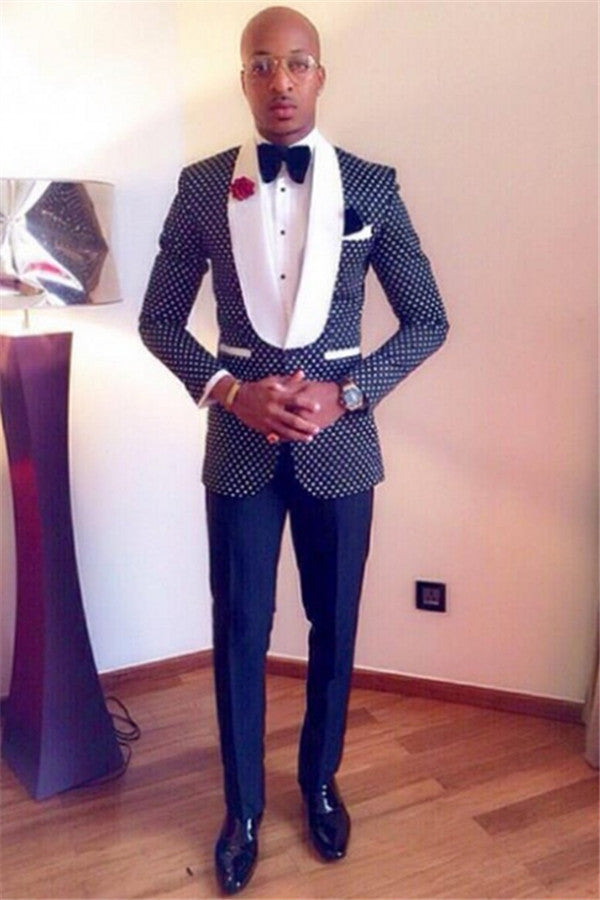 One Button Navy Blue Polka Dot Shawl Lapel Wedding Groom Suit-Ballbella
