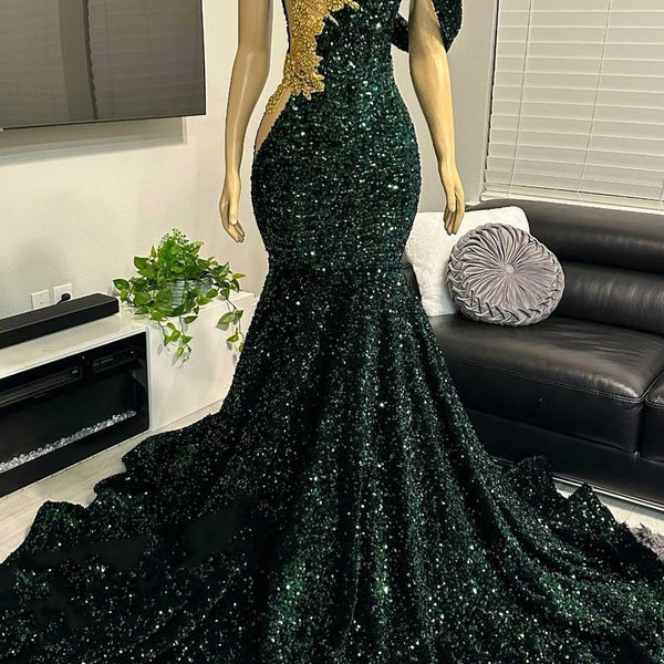 black sequin formal dress One shoudler Dark Green Sequin Floor length Prom Dresses – Ballbella