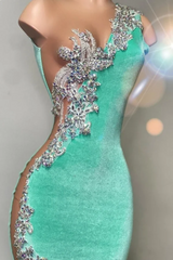 One shoudler Mint Green Silver Velvet Floor length Prom Dresses-Ballbella