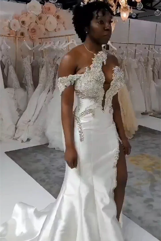 One shoudler V-neck Appliques Ball Gown High Split Wedding Dresses-Ballbella