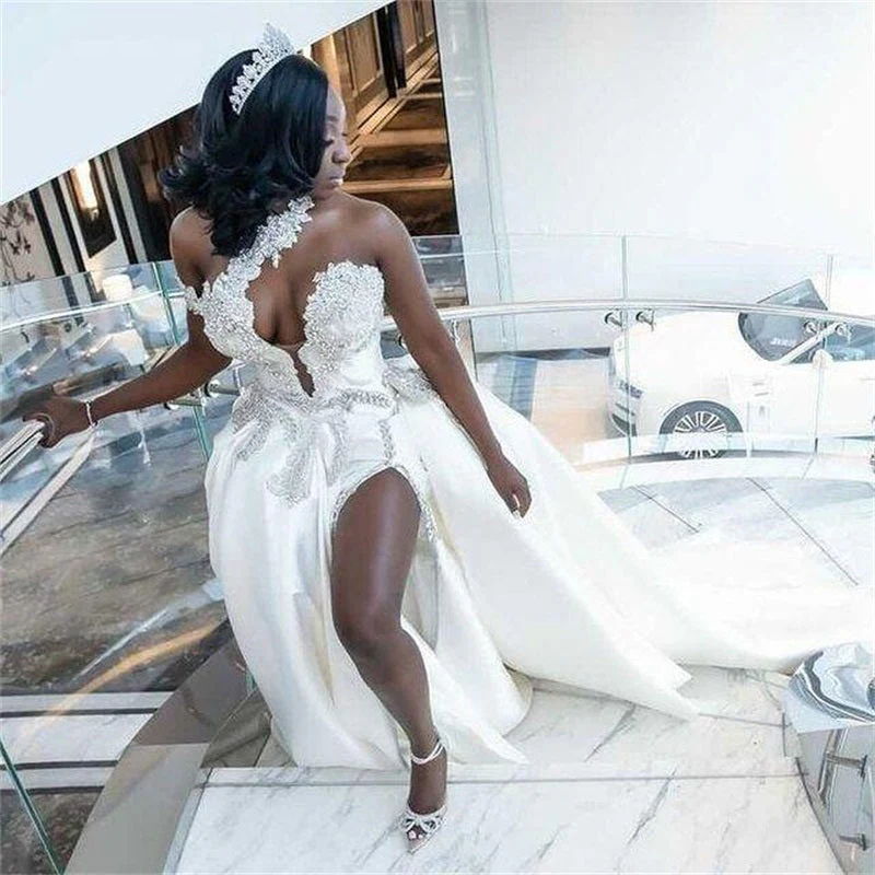 One shoudler V-neck Appliques Ball Gown High Split Wedding Dresses-Ballbella