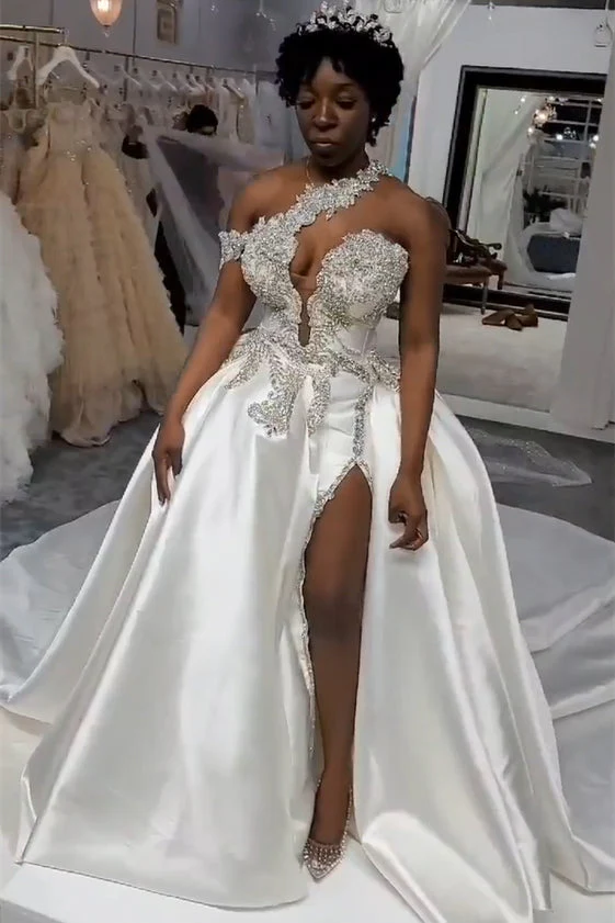 One shoudler V-neck Appliques Ball Gown High Split Wedding Dresses-Ballbella