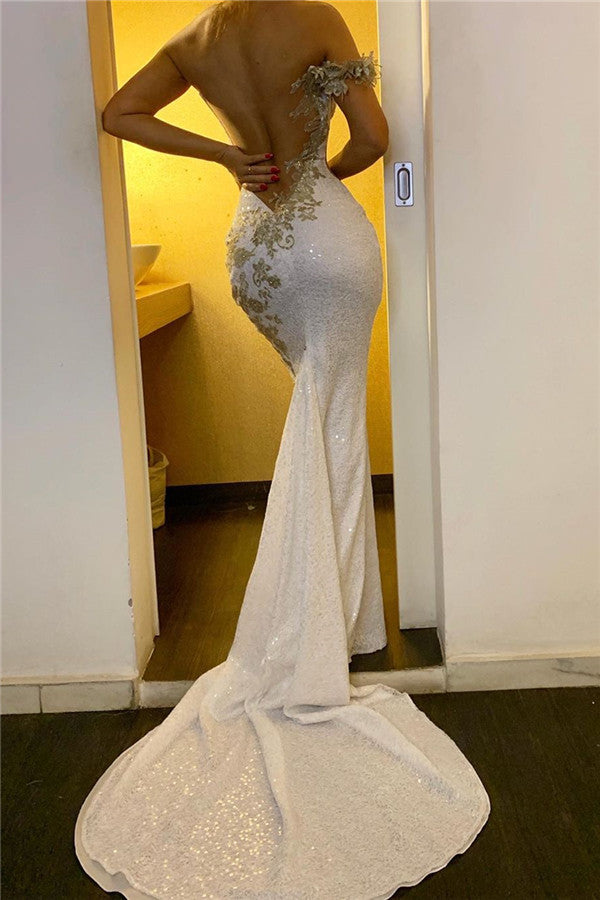 One Shoulder Appliques Sequined Evening Gowns Backless Elegant Formal Dresses-Ballbella