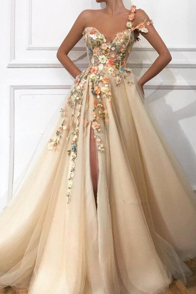 One Shoulder Ball Gown Prom Dress Applique Light Gold V-Neck Long Tull –  Ballbella