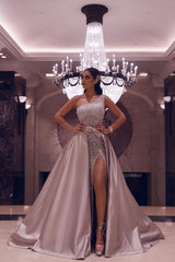 One Shoulder Beadings Split Prom Dress Overskirt On Sale-Ballbella