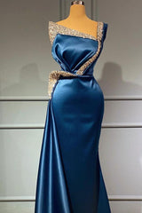 One Shoulder Blue Beading Sequns Long Mermaid Prom Dress-Ballbella