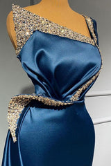 One Shoulder Blue Beading Sequns Long Mermaid Prom Dress-Ballbella
