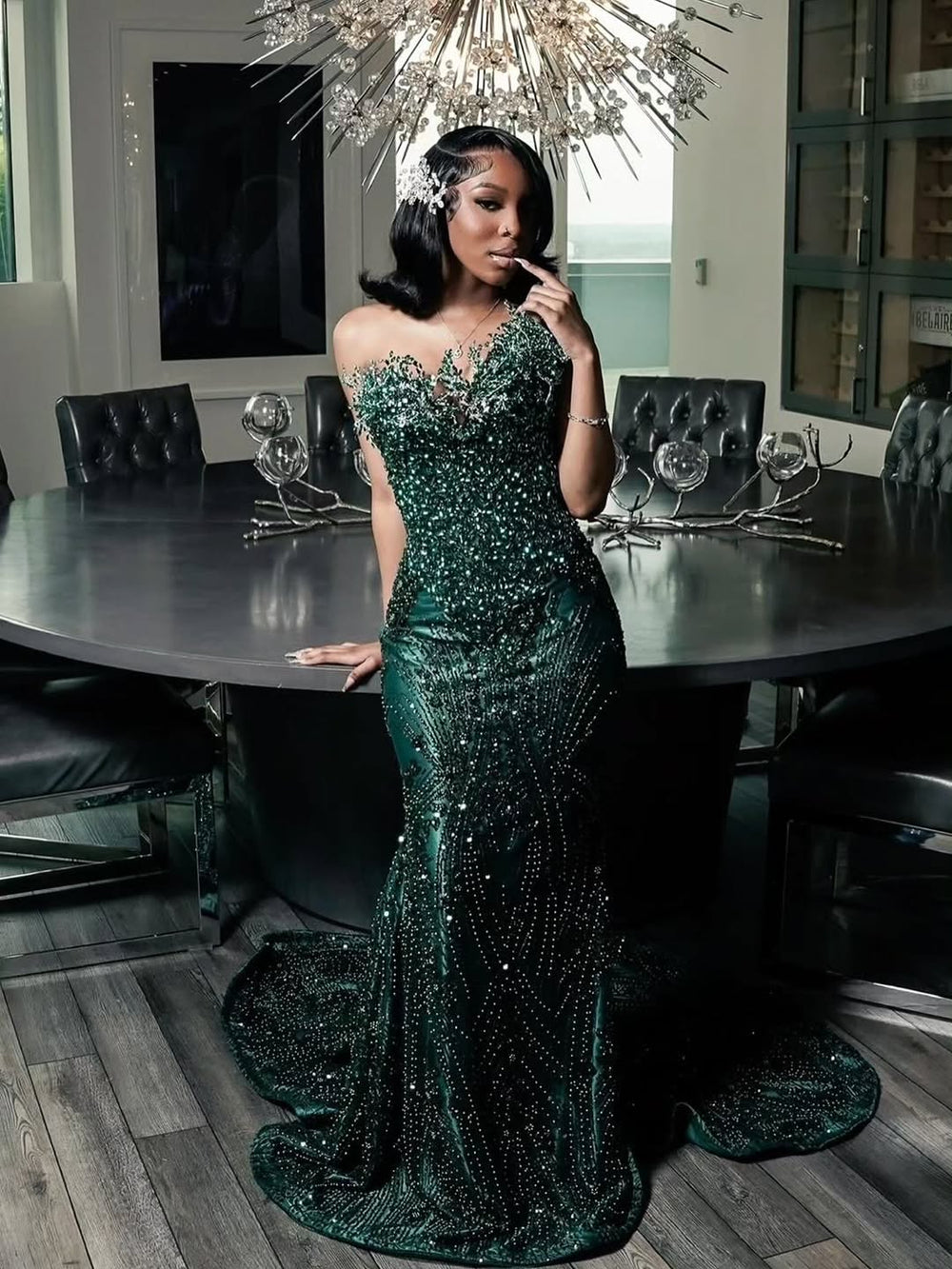 One shoulder Dark green Mermaid Sparkle Floor length Prom Dresses