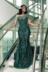 One shoulder Dark green Mermaid Sparkle Floor length Prom Dresses-Ballbella
