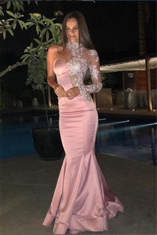 One-Shoulder Gorgeous High-Neck Mermaid Lace Evening Dress-Ballbella
