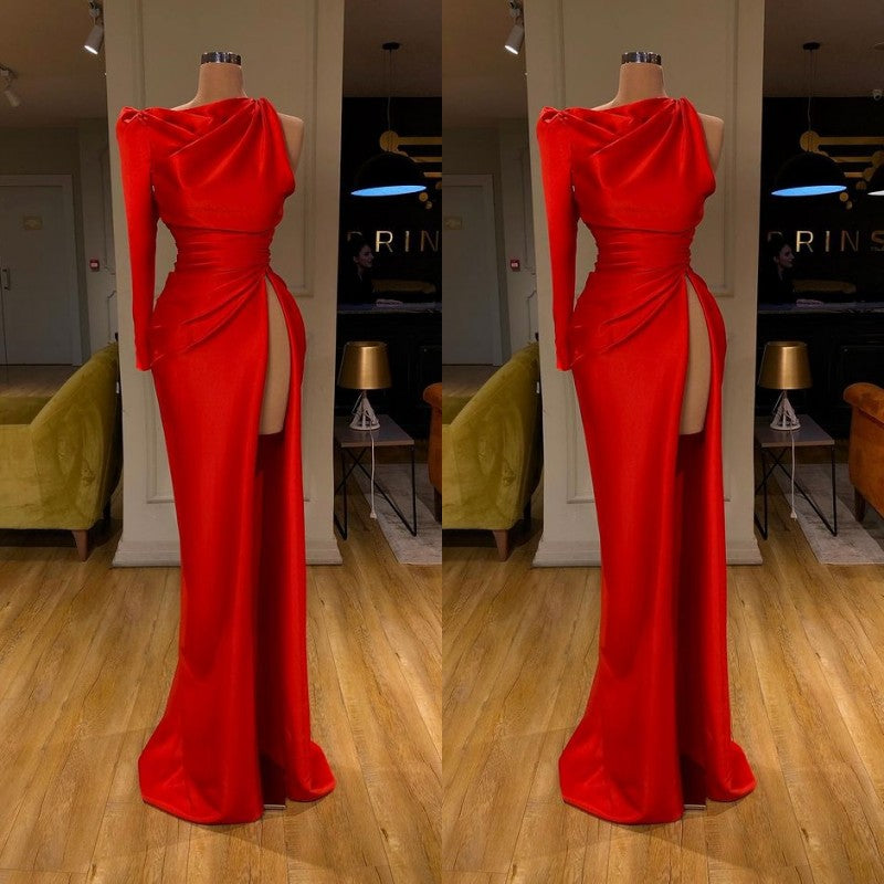 One-shoulder Long sleeves High-split Soft pleated Red Prom Dress-Ballbella