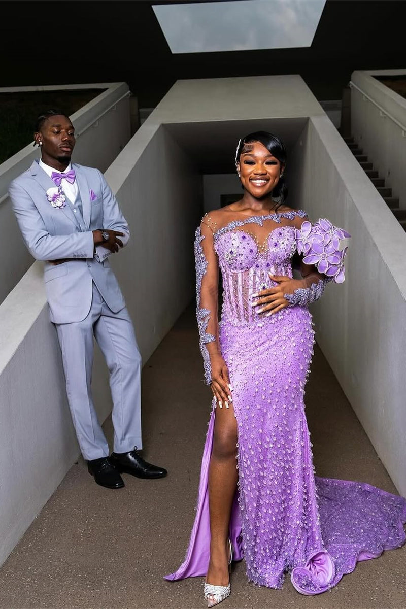 One shoulder Long sleeves Lilac High Split Sequin Flowers Prom Dresses One shoulder Long sleeves Lilac High Split Sequin Flowers Prom Dresses