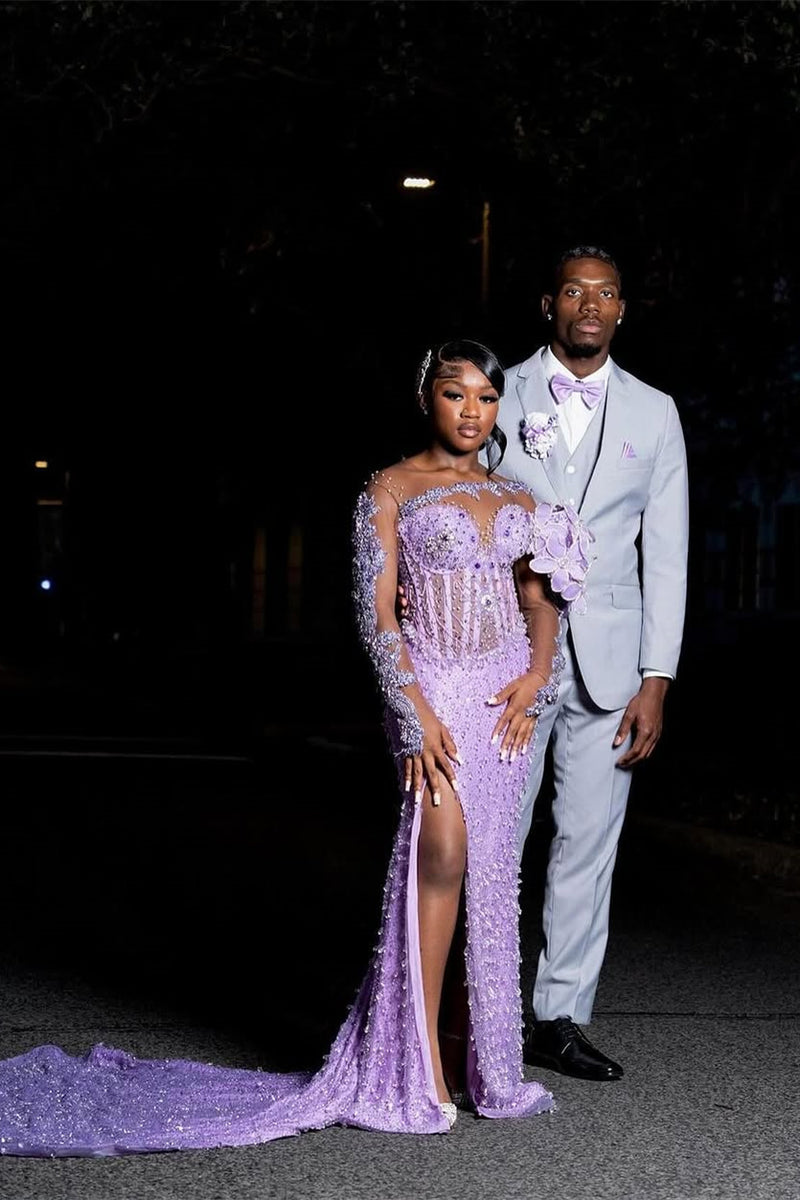 One Shoulder Long Sleeves Lilac High Split Sequin Flowers Prom Dresses One Shoulder Long Sleeves Lilac High Split Sequin Flowers Prom Dresses